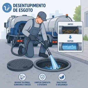 Mangueiras de sucção e hidrojateamento inseridas em caixa de inspeção de esgoto aberta no piso de blocos.