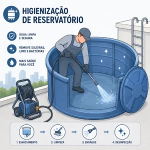 Técnico de desentupidora utilizando hidrojateamento de alta pressão para lavar e higienizar um grande reservatório de água redondo.
