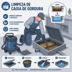 Técnico com luvas de proteção realizando serviço de limpeza e desentupimento de caixa de gordura com mangueira de sucção.
