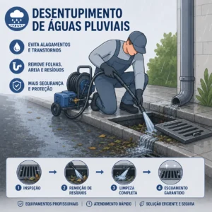 Técnico utilizando mangueira de hidrojateamento de alta pressão para desentupir boca de lobo de águas pluviais na rua.