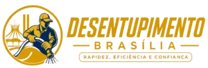 Logotipo da Desentupidora em Brasília, com o texto "desentupimento em Brasília" em amarelo dourado, em um fundo transparente.